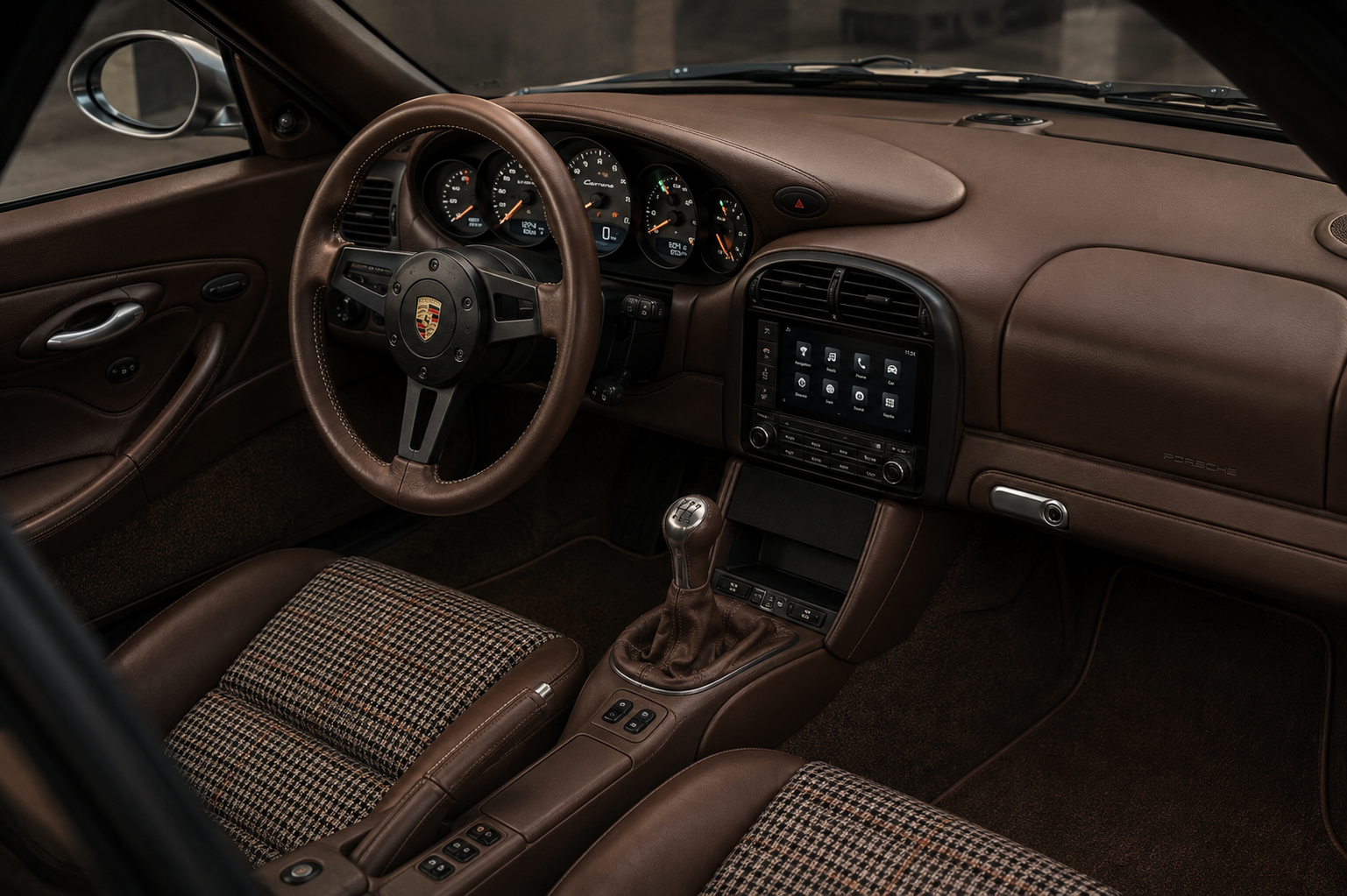 996 cockpit — cognac leather, houndstooth, 5-dial cluster
