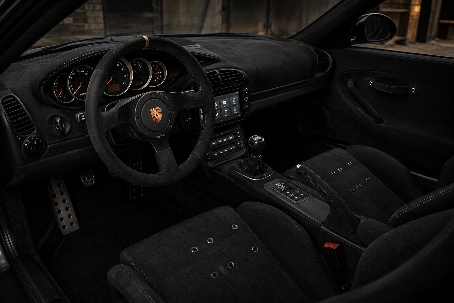 Full black alcantara — MOMO wheel, race seats, aluminium pedals